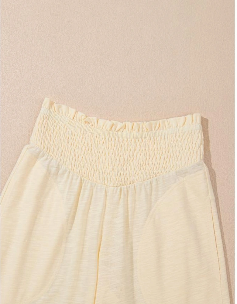 Beige Solid Color Tank Top and Smocked Waist Pants Set