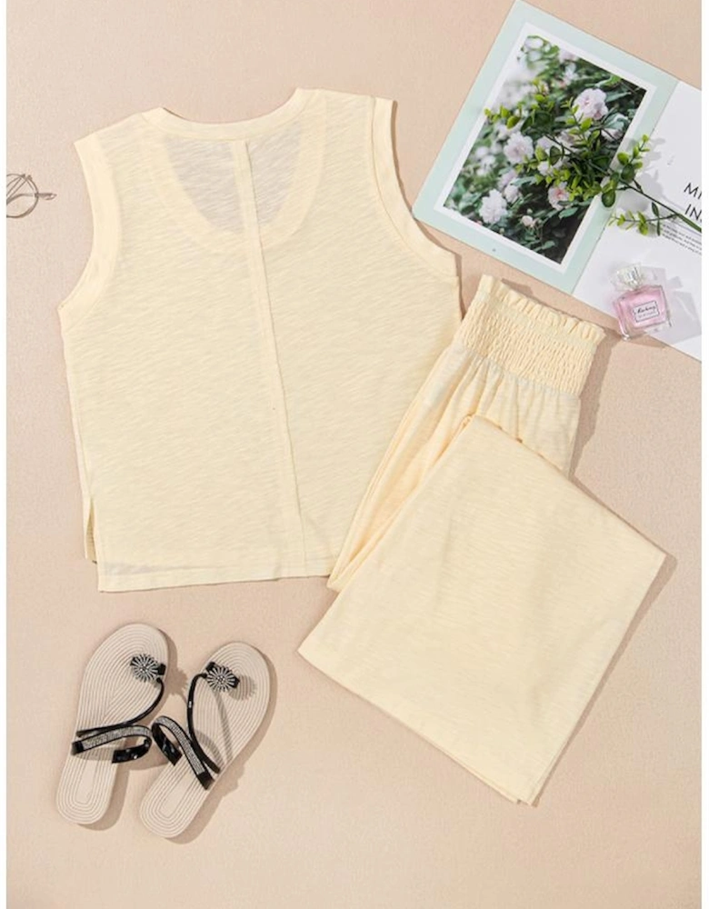 Beige Solid Color Tank Top and Smocked Waist Pants Set