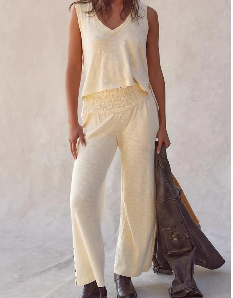 Beige Solid Color Tank Top and Smocked Waist Pants Set