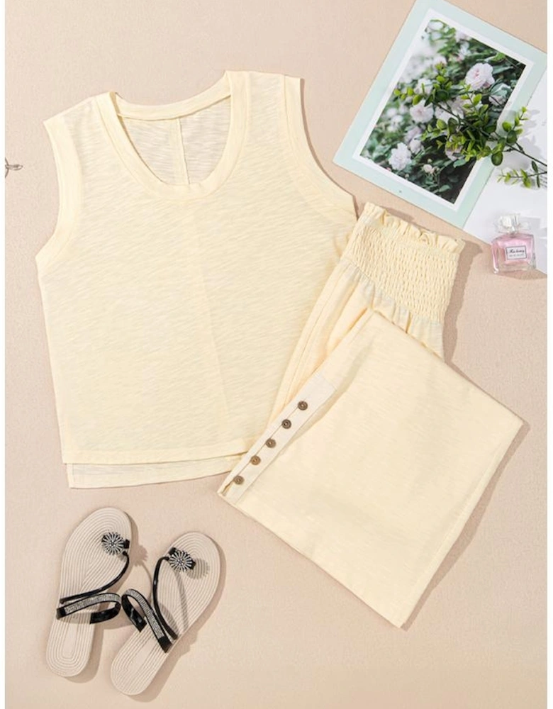 Beige Solid Color Tank Top and Smocked Waist Pants Set