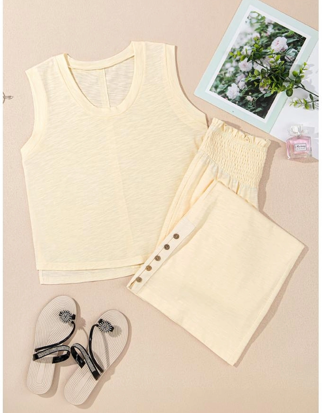 Beige Solid Color Tank Top and Smocked Waist Pants Set