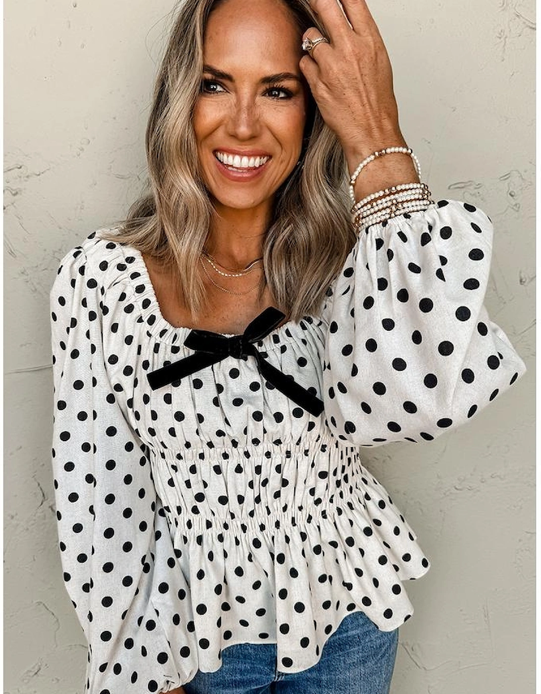 Black Polka Dot Puff Sleeve Bow Square Neck Peplum Top, 11 of 10
