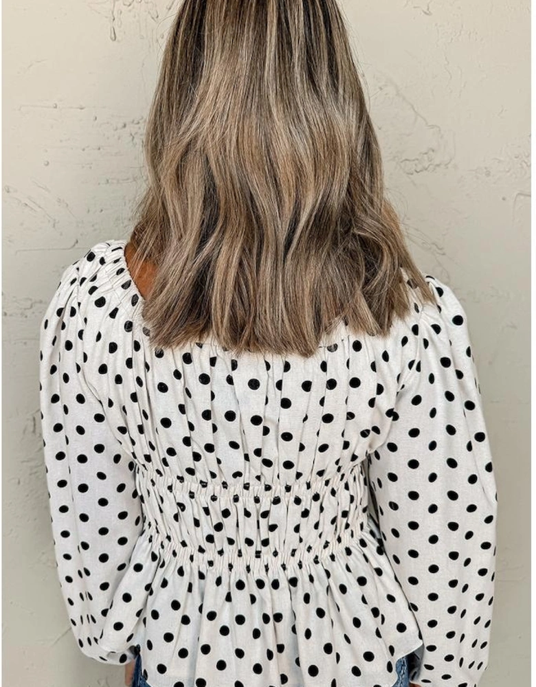 Black Polka Dot Puff Sleeve Bow Square Neck Peplum Top