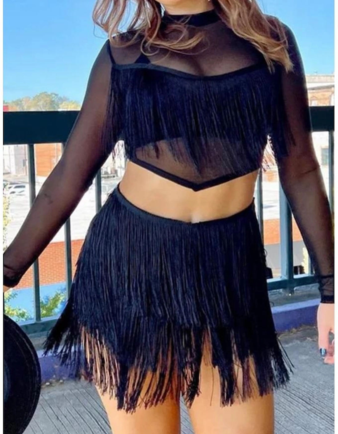 Black Tiered Fringe Trimmed Mini Skirt