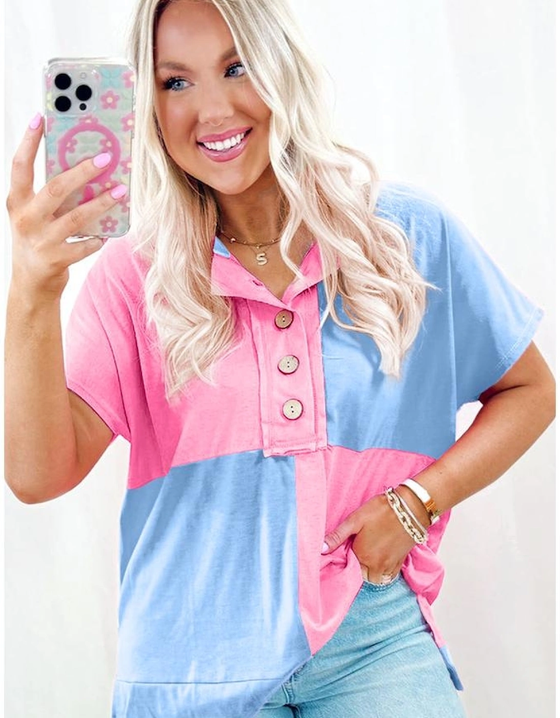 Myosotis Two Tone Half Buttons Collared T Shirt