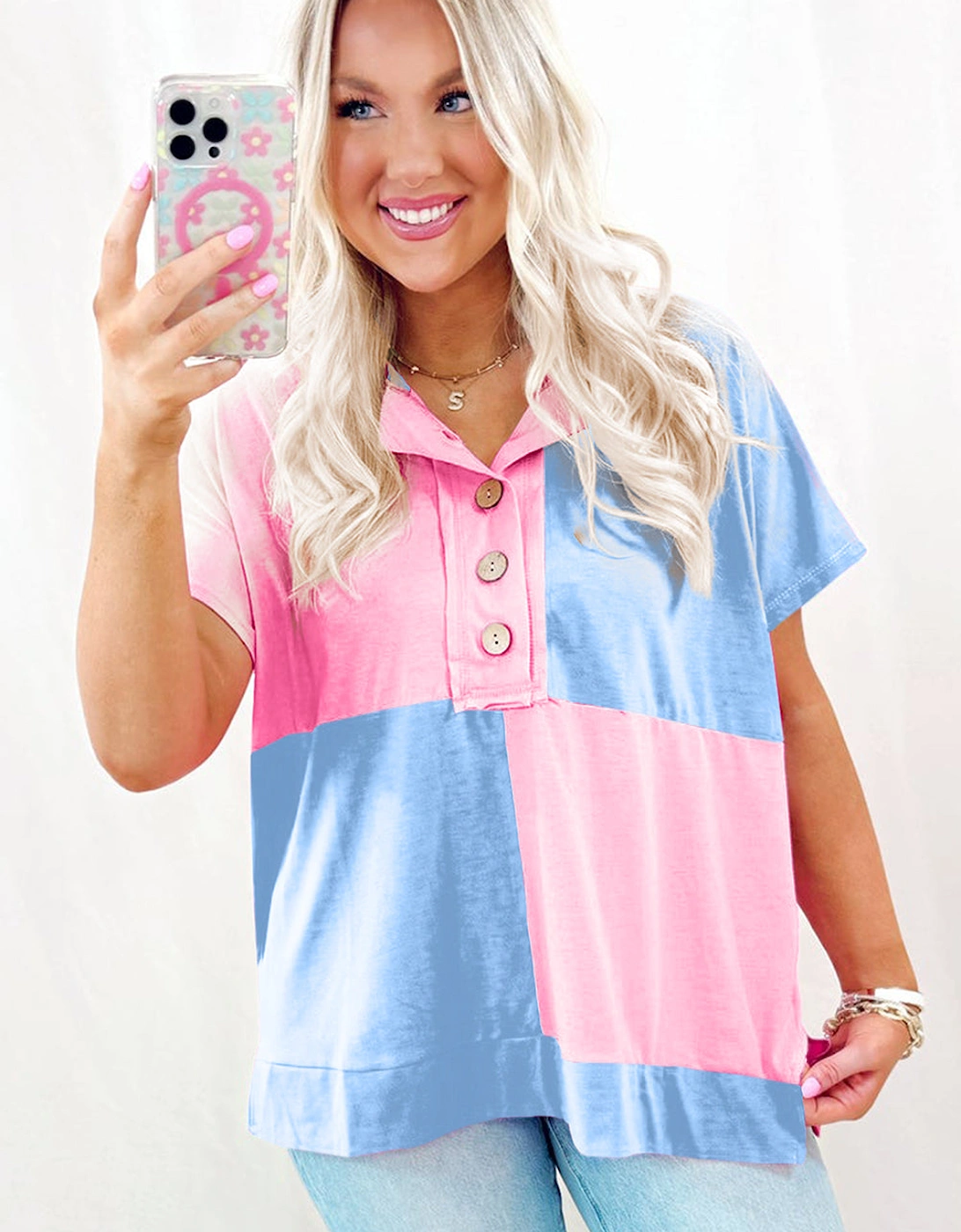 Myosotis Two Tone Half Buttons Collared T Shirt