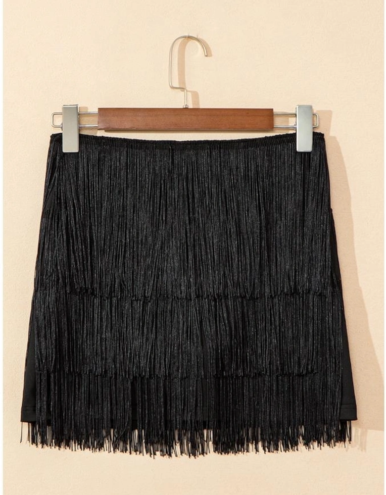 Black Tiered Fringe Trimmed Mini Skirt