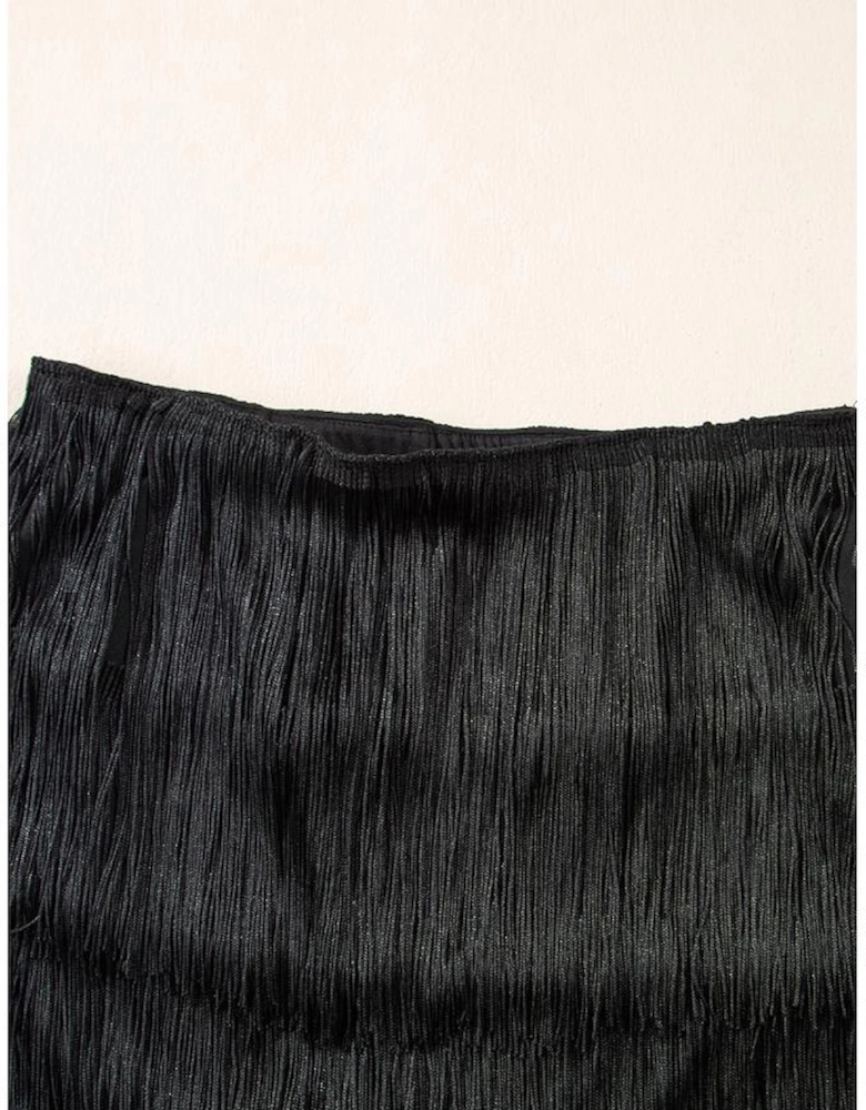 Black Tiered Fringe Trimmed Mini Skirt