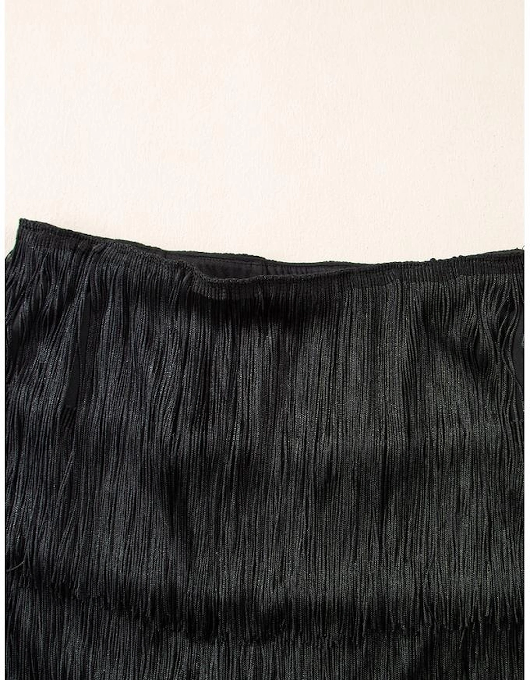 Black Tiered Fringe Trimmed Mini Skirt