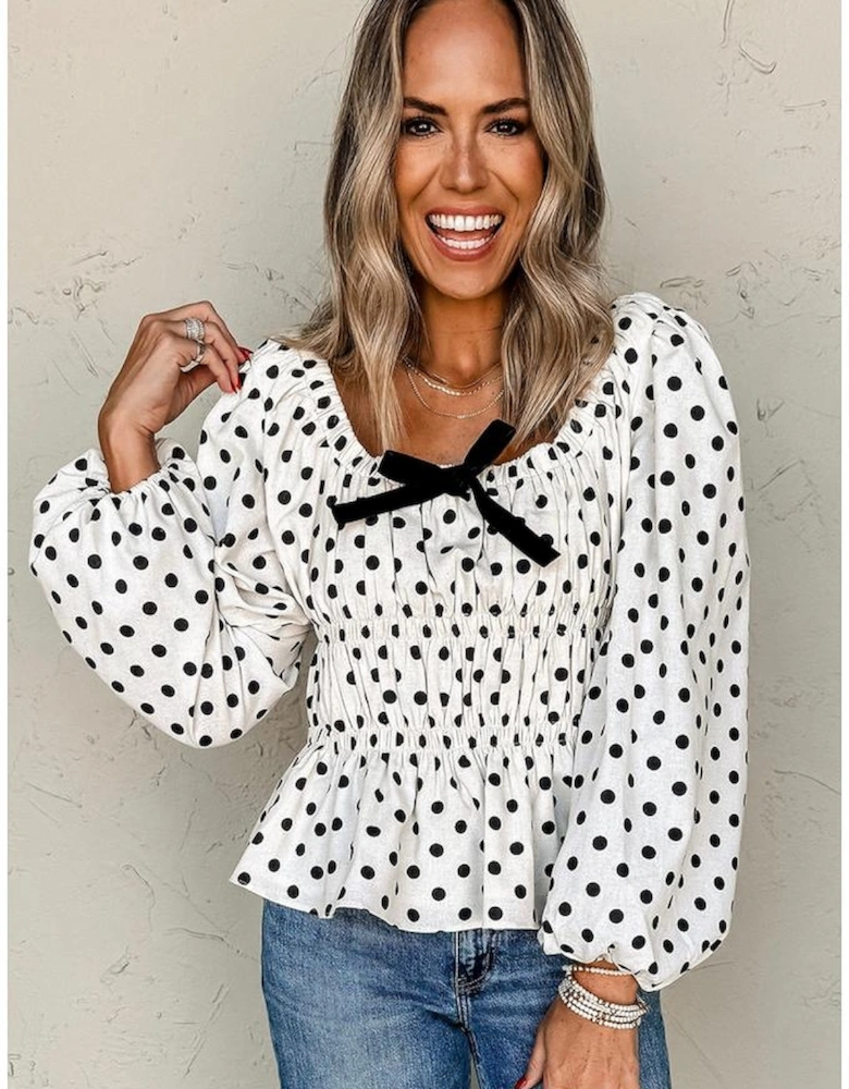Black Polka Dot Puff Sleeve Bow Square Neck Peplum Top