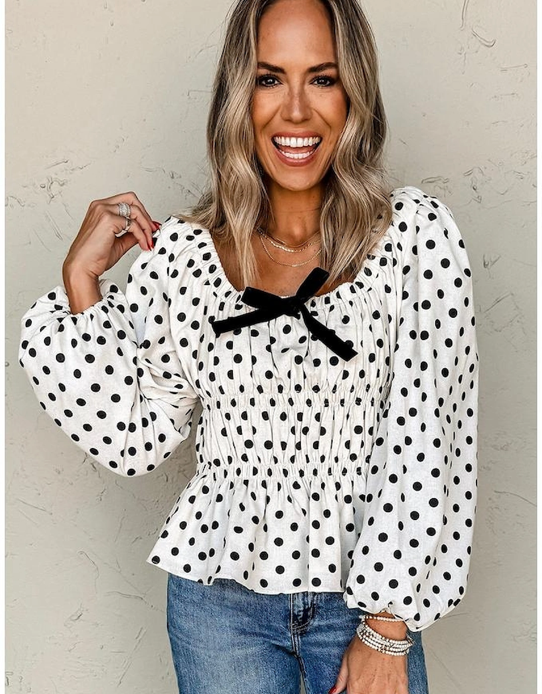 Black Polka Dot Puff Sleeve Bow Square Neck Peplum Top