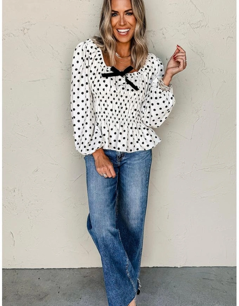 Black Polka Dot Puff Sleeve Bow Square Neck Peplum Top