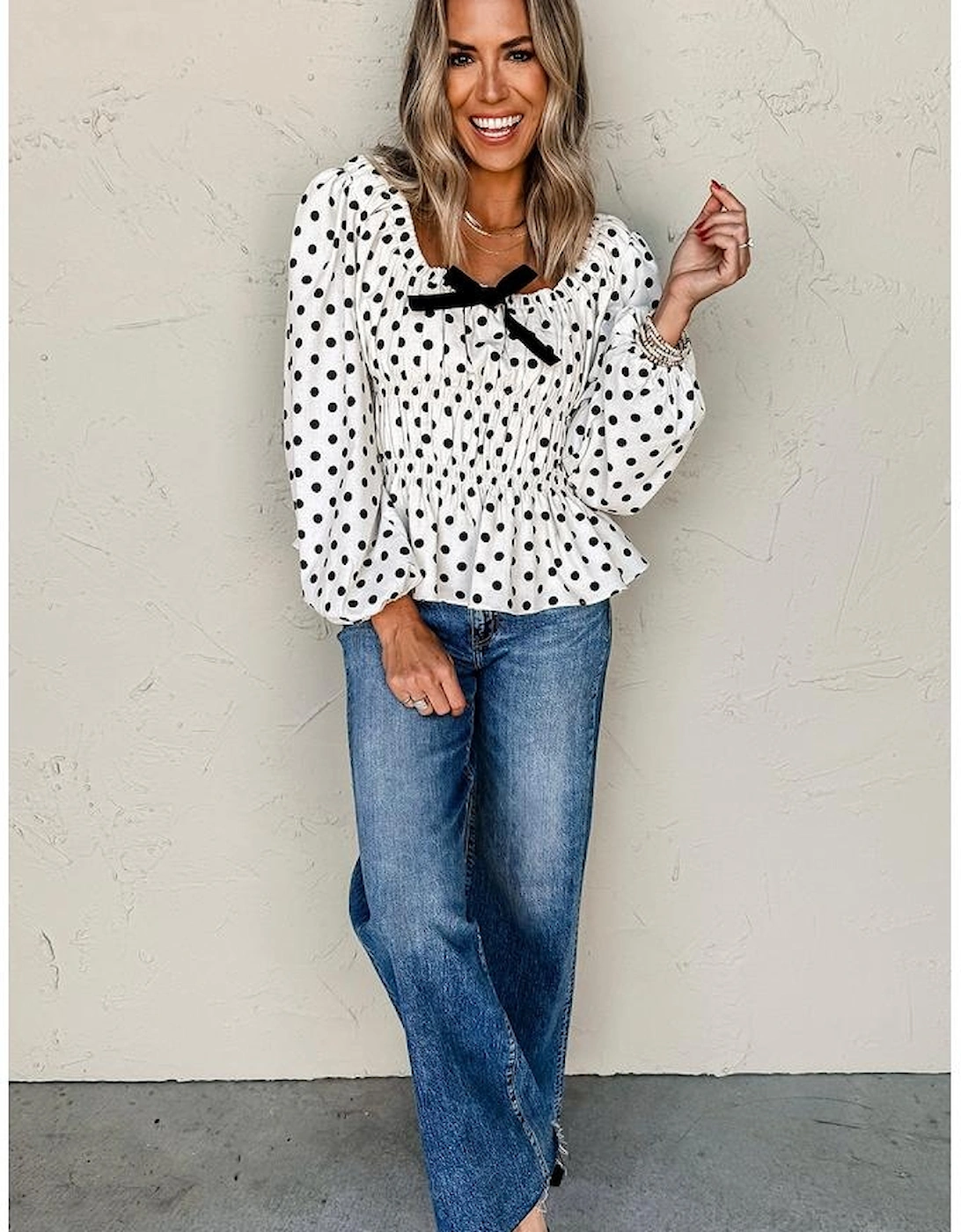 Black Polka Dot Puff Sleeve Bow Square Neck Peplum Top