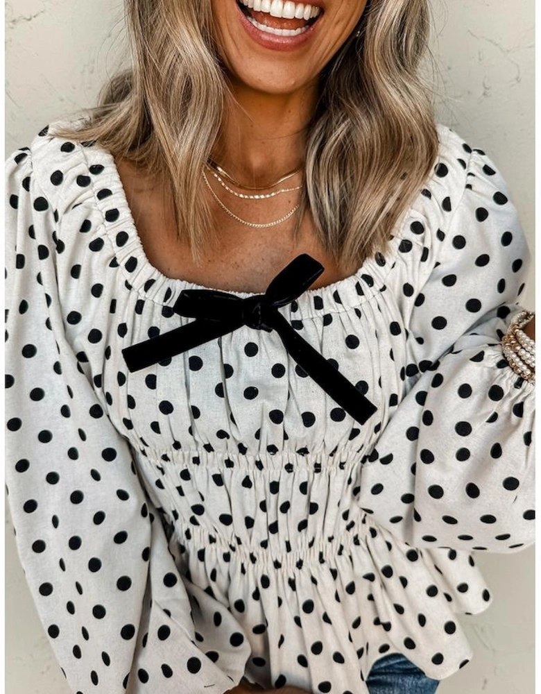 Black Polka Dot Puff Sleeve Bow Square Neck Peplum Top