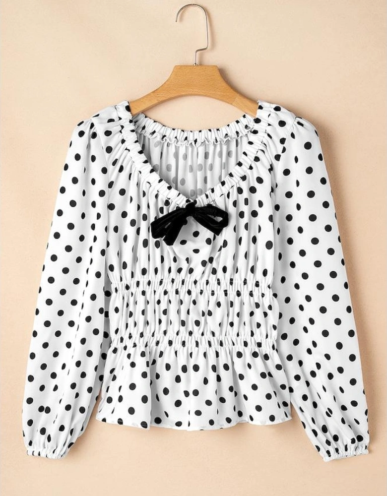 Black Polka Dot Puff Sleeve Bow Square Neck Peplum Top