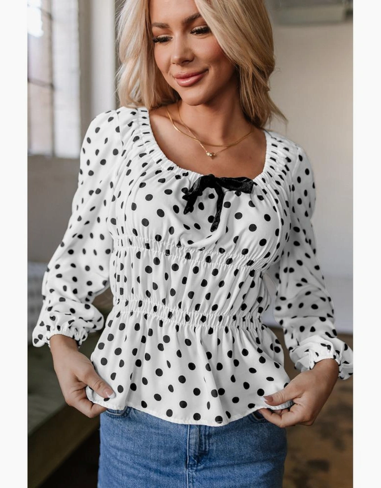 Black Polka Dot Puff Sleeve Bow Square Neck Peplum Top