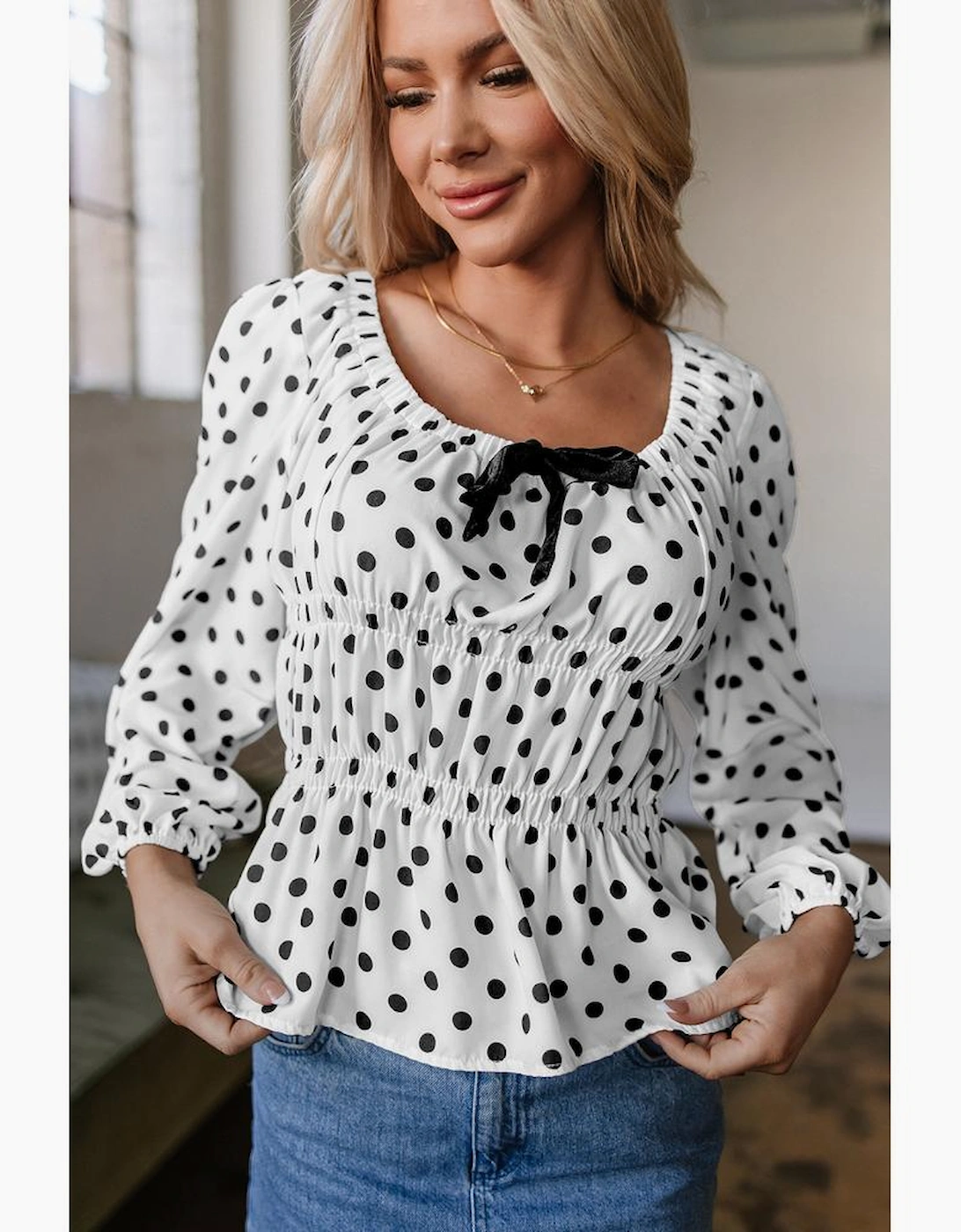 Black Polka Dot Puff Sleeve Bow Square Neck Peplum Top