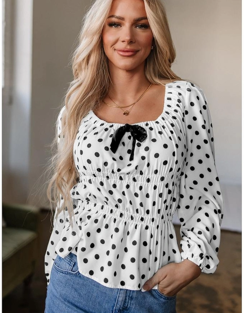 Black Polka Dot Puff Sleeve Bow Square Neck Peplum Top