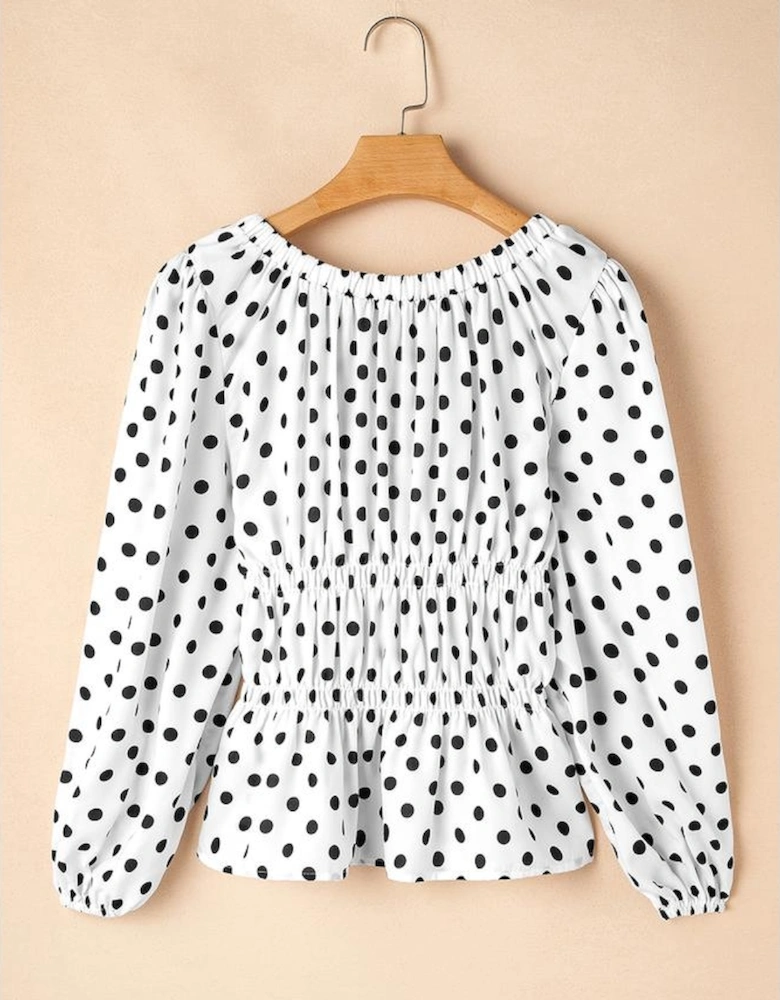 Black Polka Dot Puff Sleeve Bow Square Neck Peplum Top
