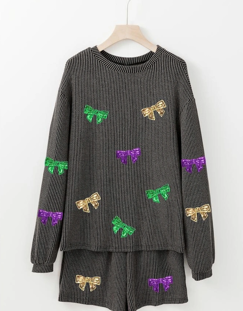 Carbon Grey Bowknot Patched Pattern Corded Long Sleeve Top and Shorts Outfit