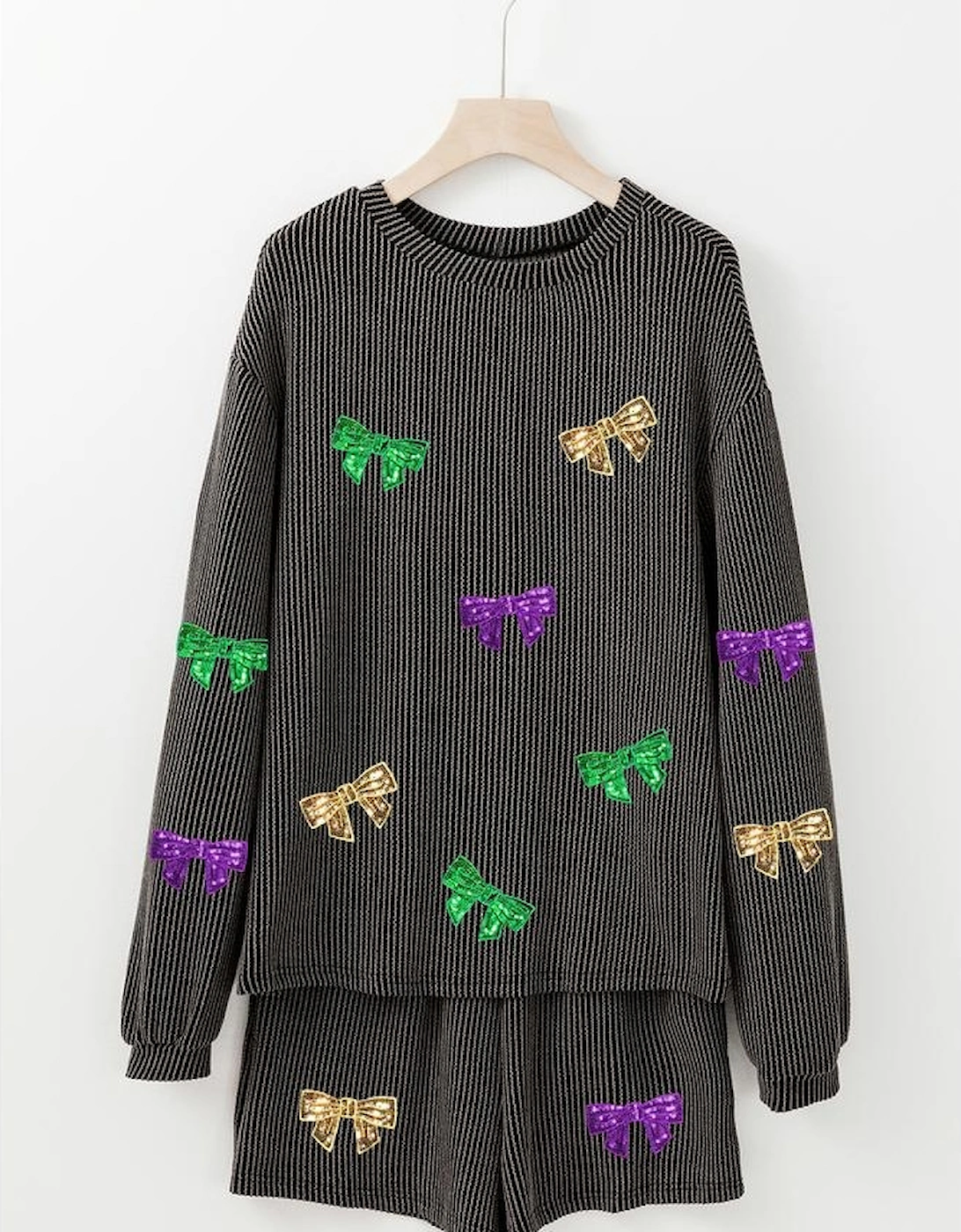 Carbon Grey Bowknot Patched Pattern Corded Long Sleeve Top and Shorts Outfit