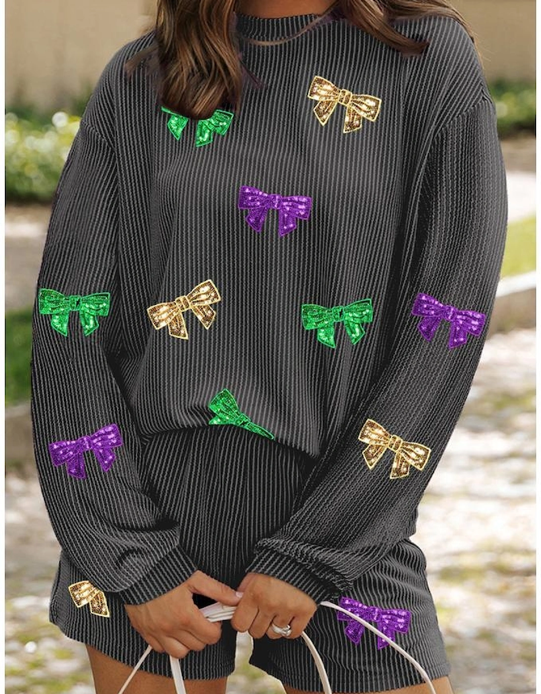 Carbon Grey Bowknot Patched Pattern Corded Long Sleeve Top and Shorts Outfit, 5 of 4