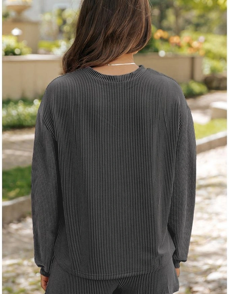 Carbon Grey Bowknot Patched Pattern Corded Long Sleeve Top and Shorts Outfit