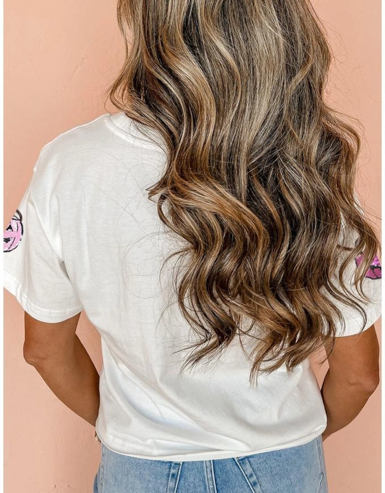 White Sequin Pumpkin Face Patched Crew Neck Holiday T Shirt