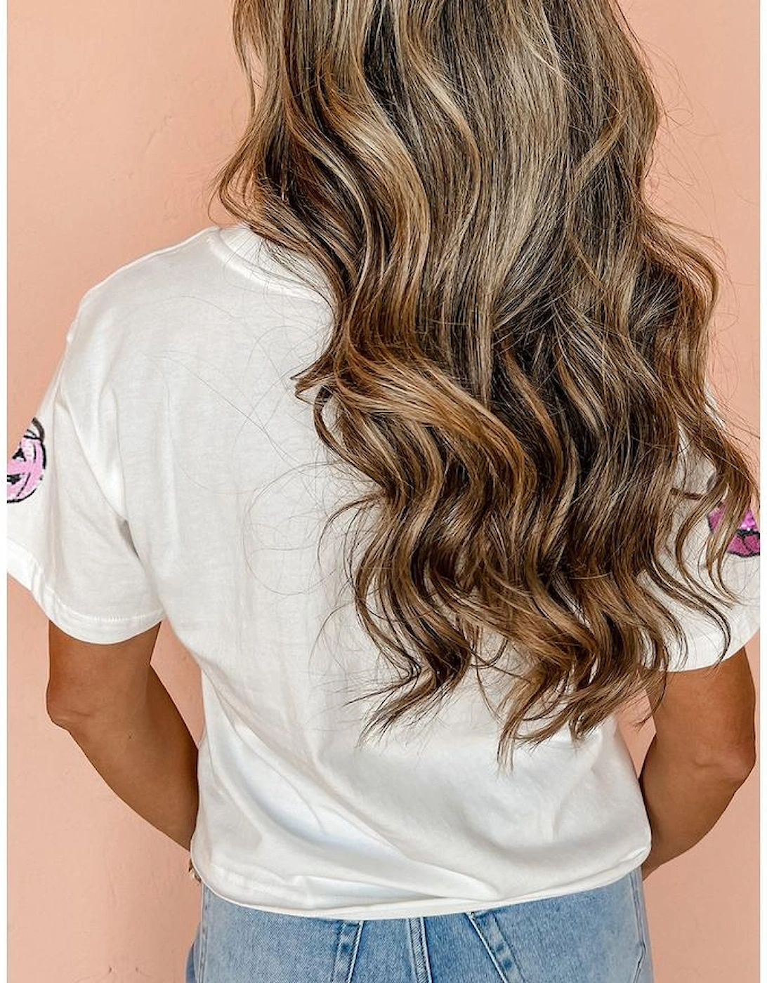 White Sequin Pumpkin Face Patched Crew Neck Holiday T Shirt