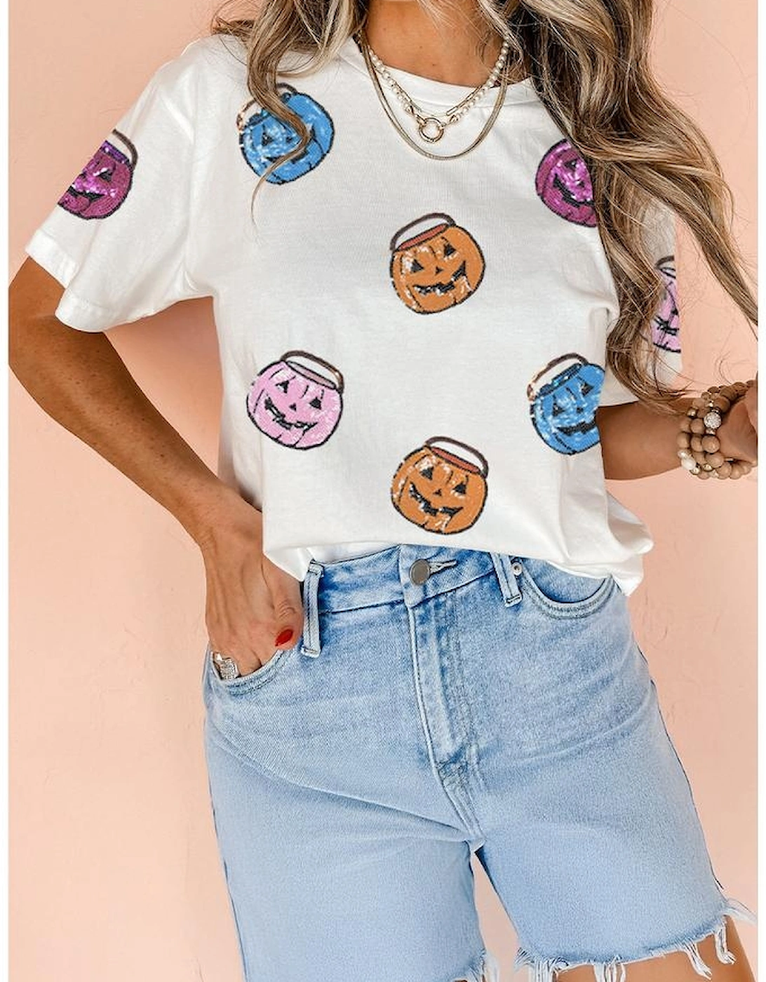 White Sequin Pumpkin Face Patched Crew Neck Holiday T Shirt