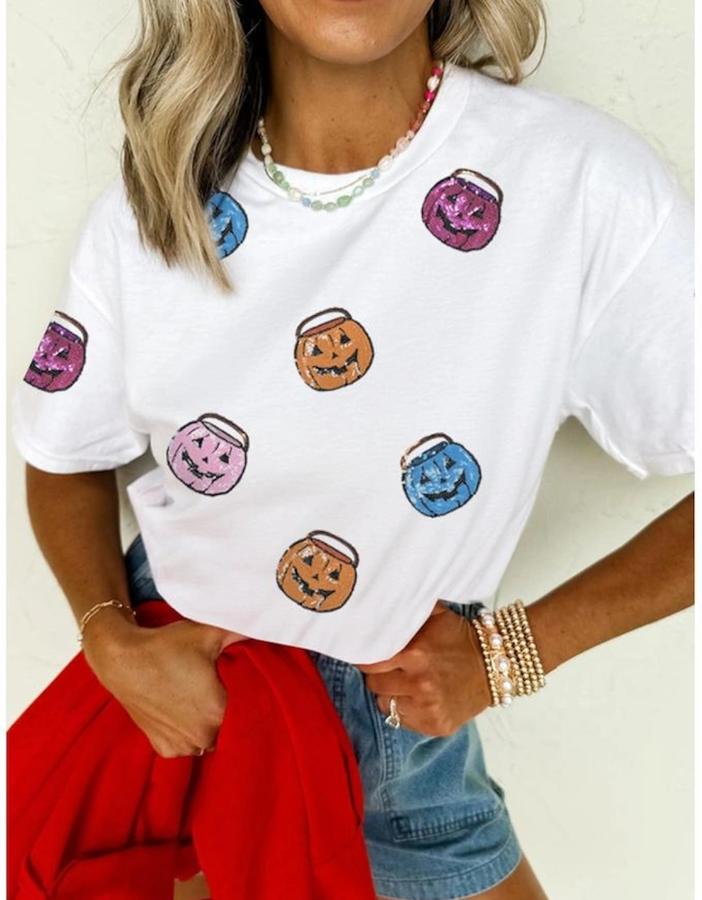 White Sequin Pumpkin Face Patched Crew Neck Holiday T Shirt