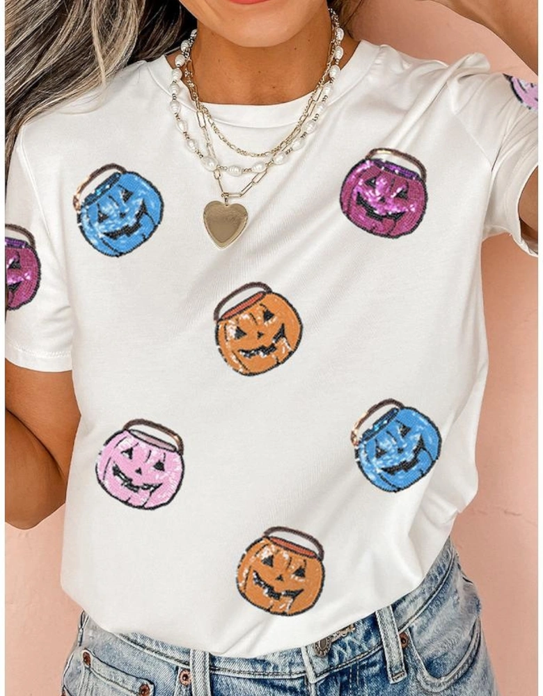 White Sequin Pumpkin Face Patched Crew Neck Holiday T Shirt