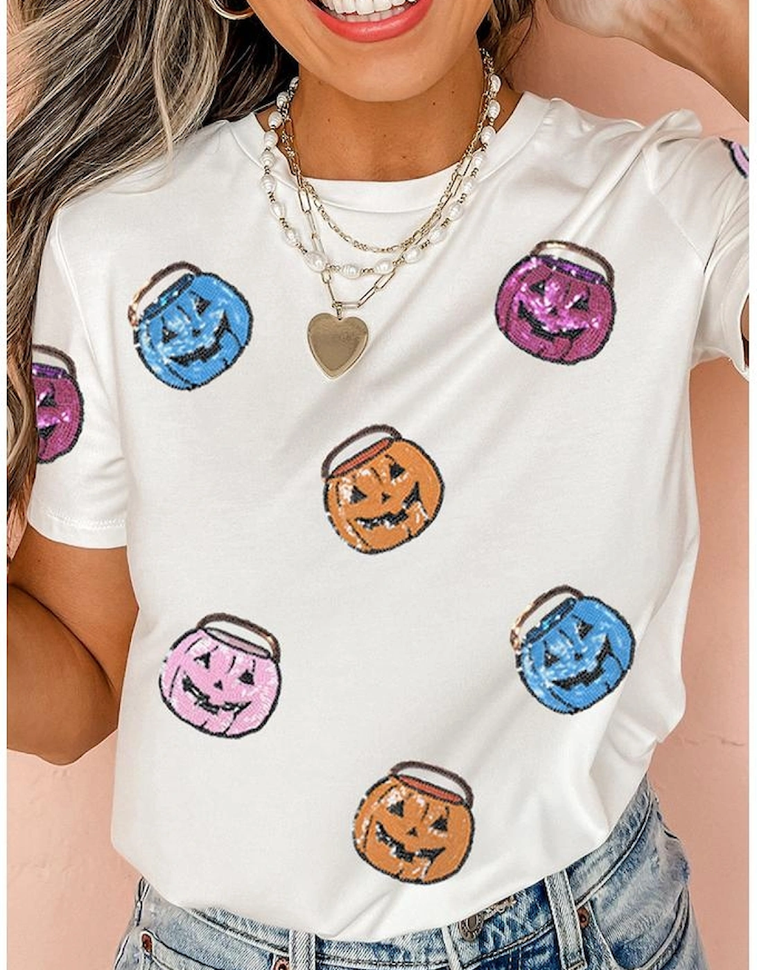 White Sequin Pumpkin Face Patched Crew Neck Holiday T Shirt