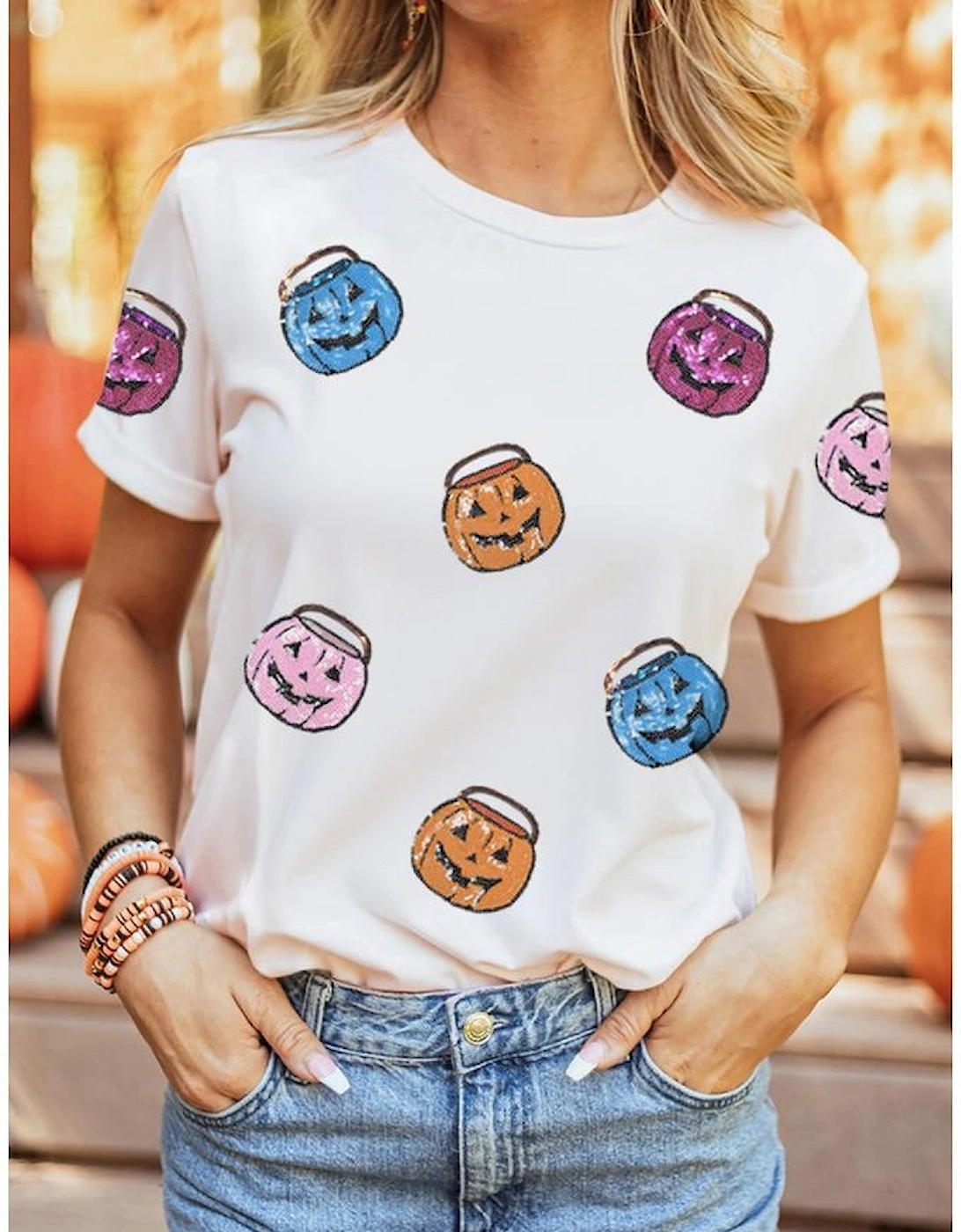 White Sequin Pumpkin Face Patched Crew Neck Holiday T Shirt