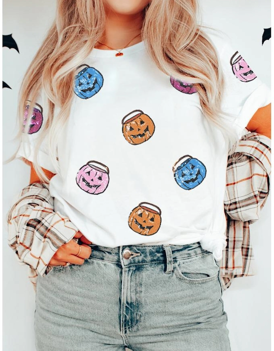 White Sequin Pumpkin Face Patched Crew Neck Holiday T Shirt