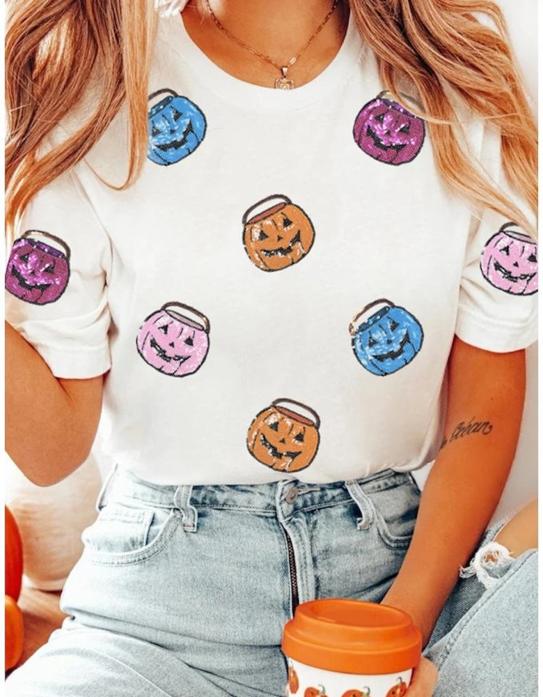 White Sequin Pumpkin Face Patched Crew Neck Holiday T Shirt