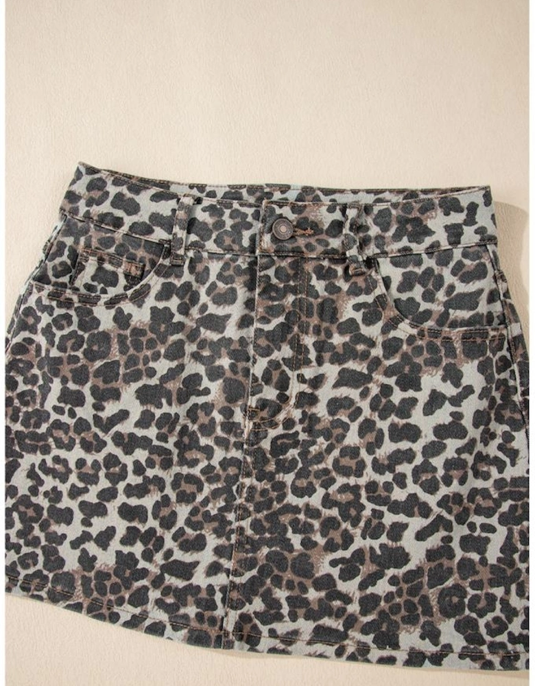 Khaki Leopard Denim Mini Skirt