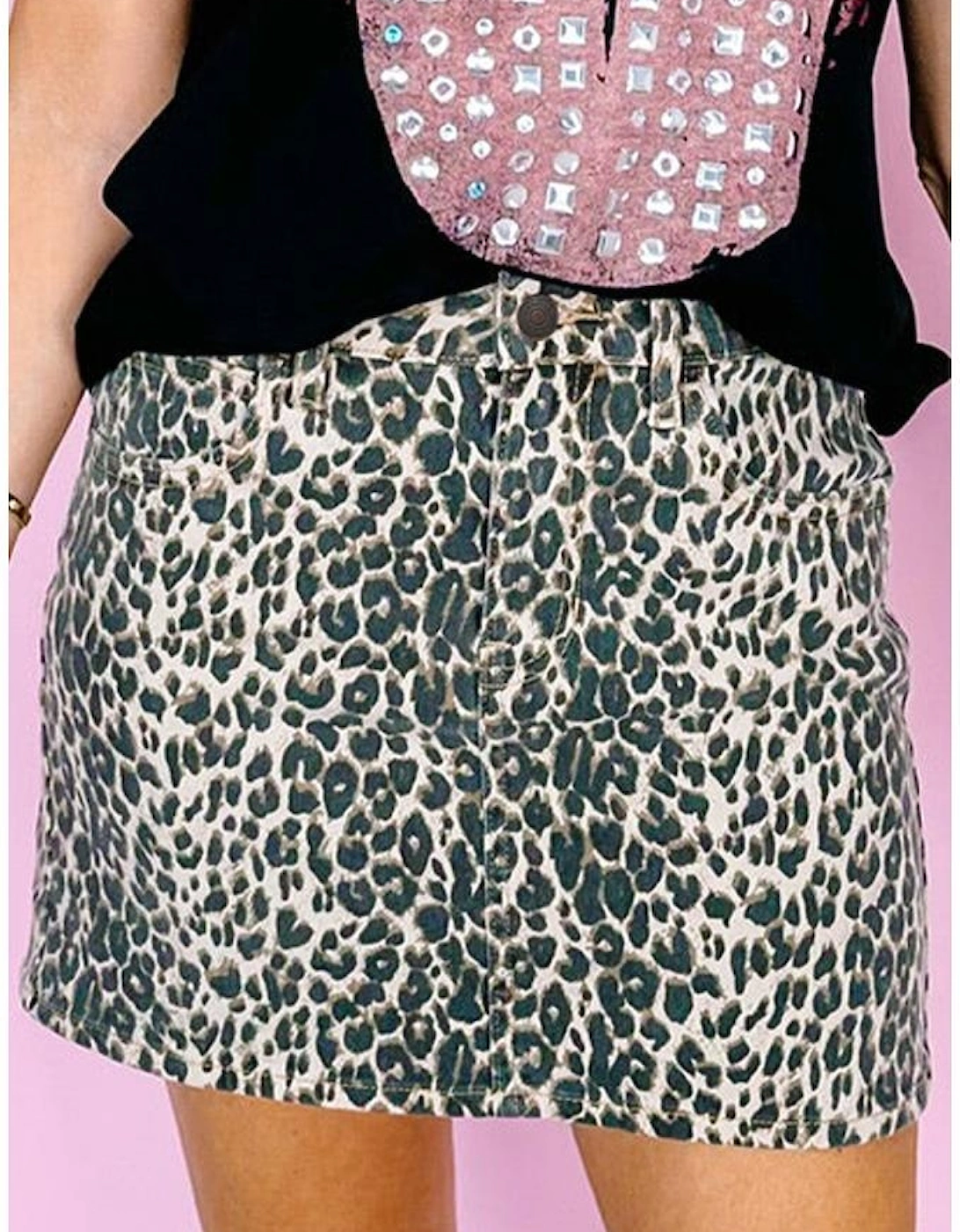Khaki Leopard Denim Mini Skirt, 15 of 14