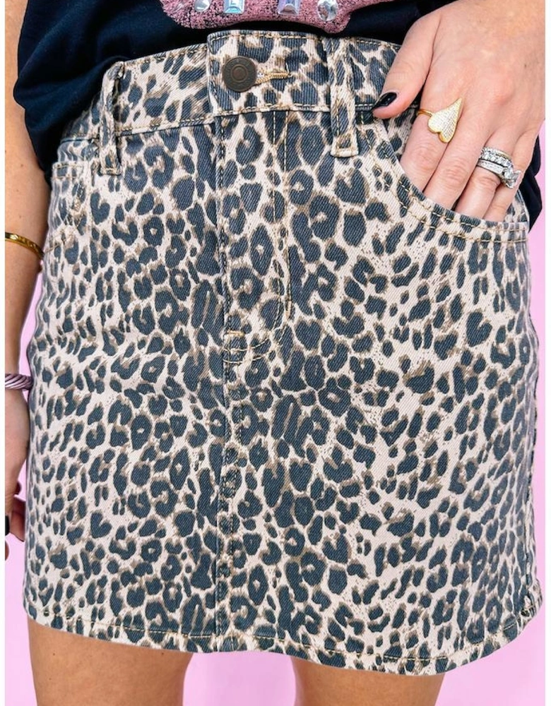 Khaki Leopard Denim Mini Skirt