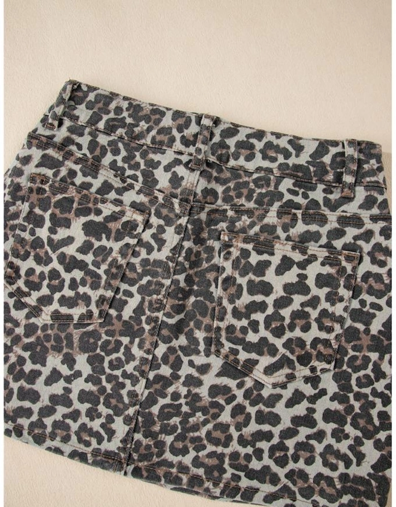Khaki Leopard Denim Mini Skirt
