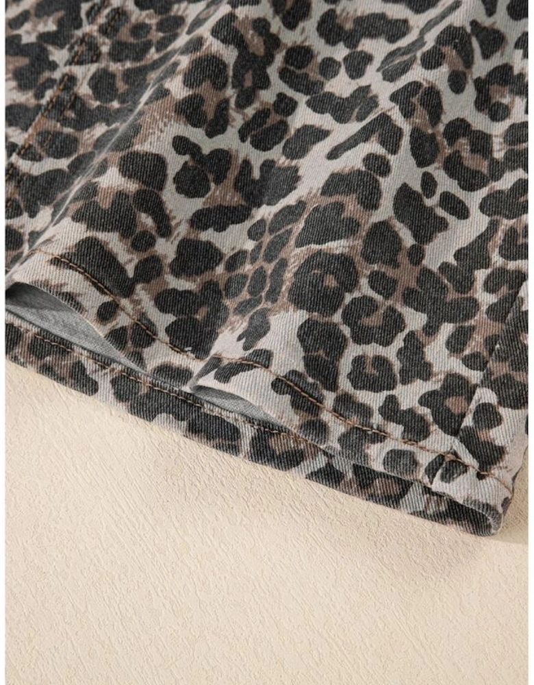 Khaki Leopard Denim Mini Skirt