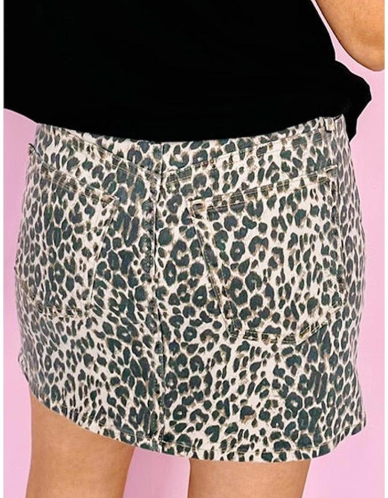 Khaki Leopard Denim Mini Skirt