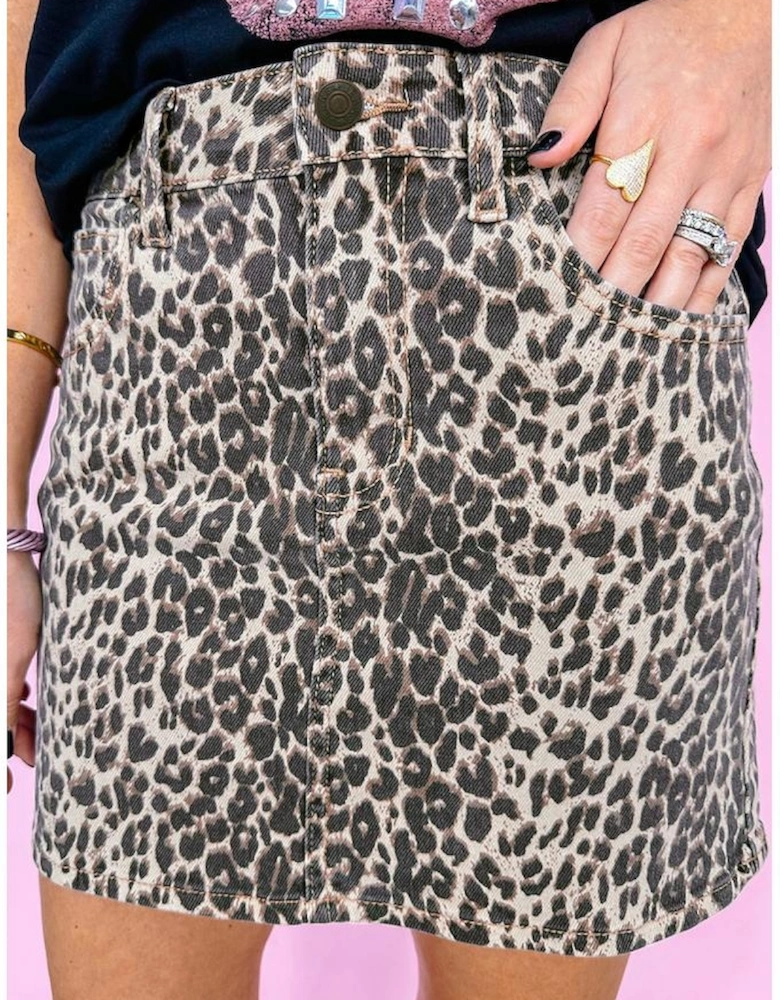 Khaki Leopard Denim Mini Skirt