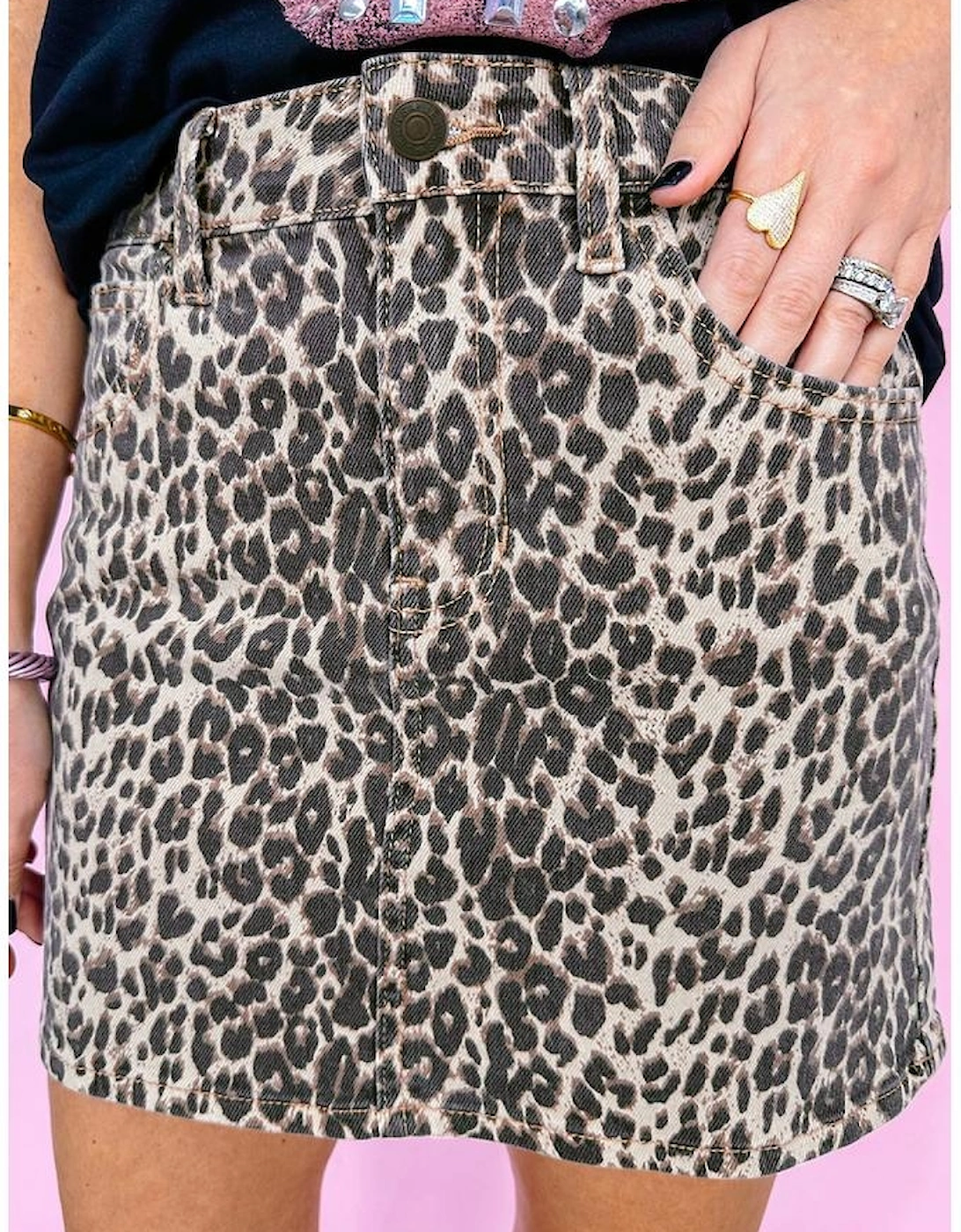 Khaki Leopard Denim Mini Skirt