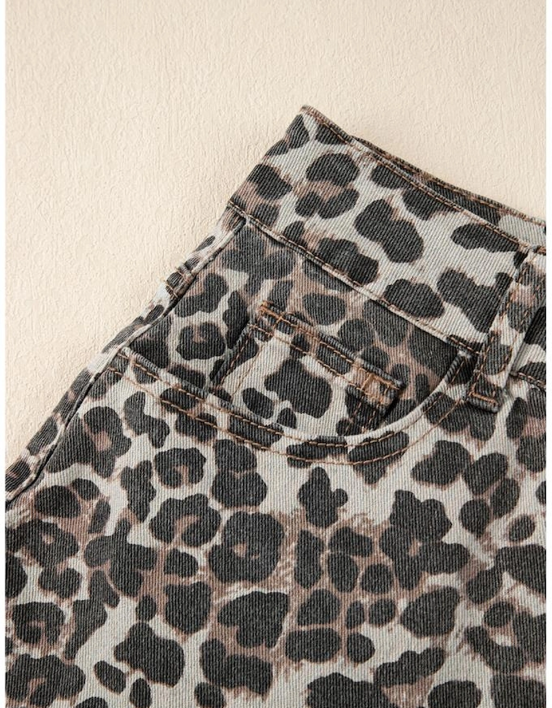 Khaki Leopard Denim Mini Skirt