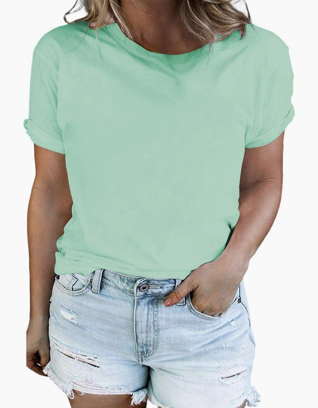 Iceland Blue Round Neck Rolled Sleeve Plus Size T-shirt