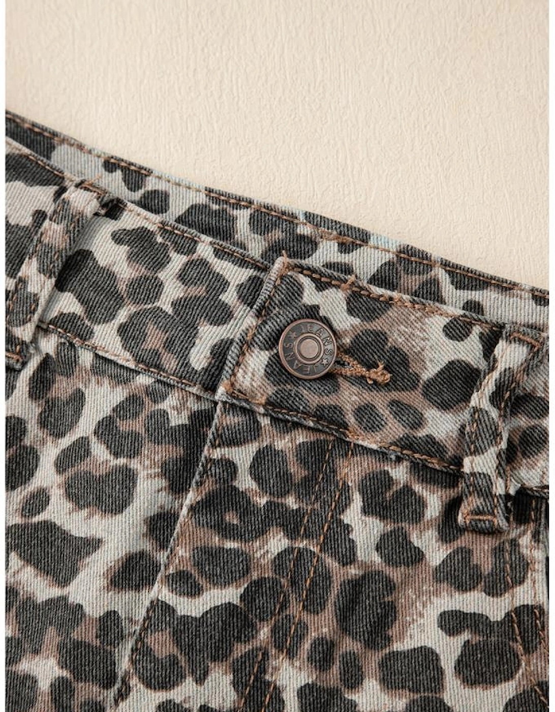 Khaki Leopard Denim Mini Skirt