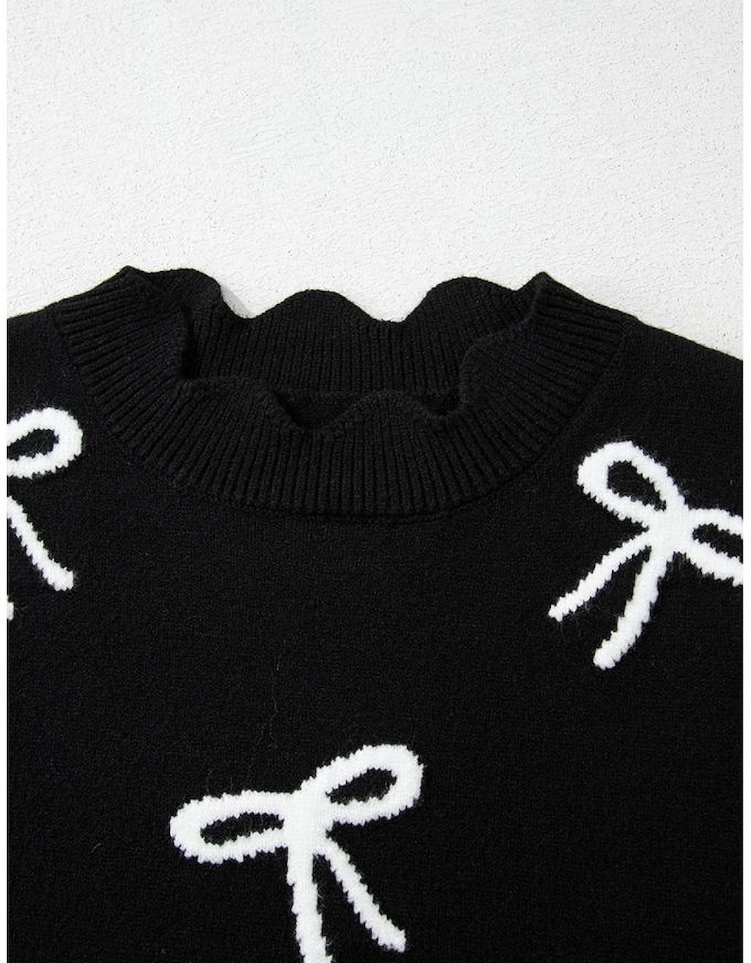 Black Bow Print Side Ties Scalloped Hem Sweater T Shirt
