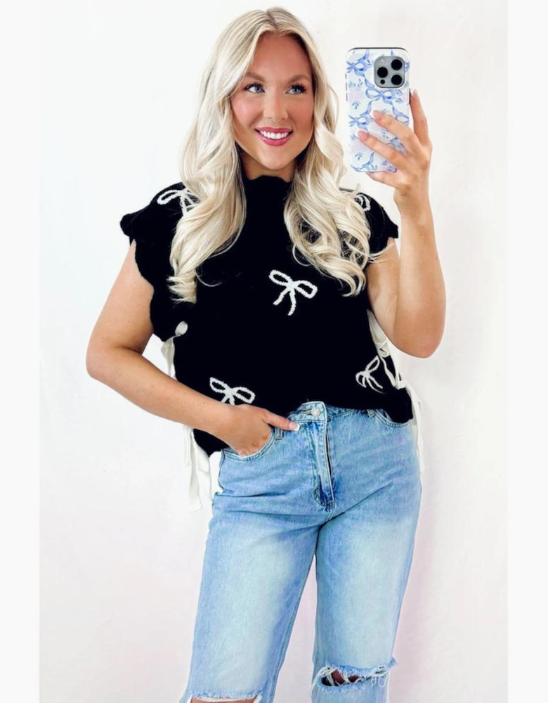 Black Bow Print Side Ties Scalloped Hem Sweater T Shirt