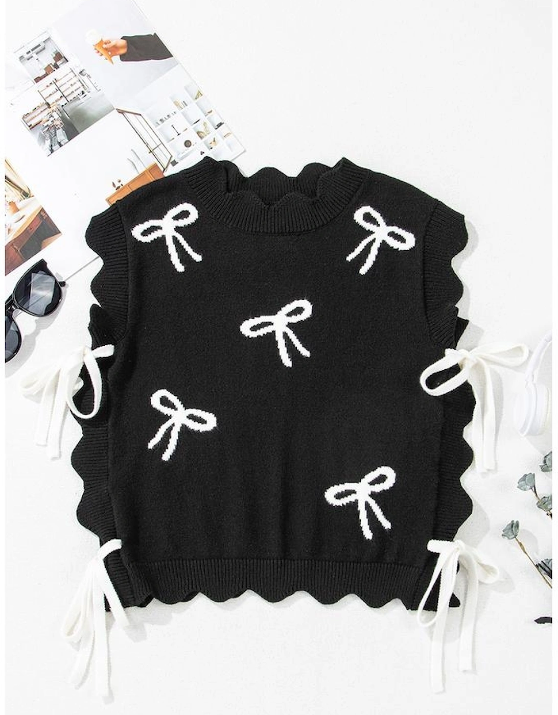 Black Bow Print Side Ties Scalloped Hem Sweater T Shirt, 16 of 15